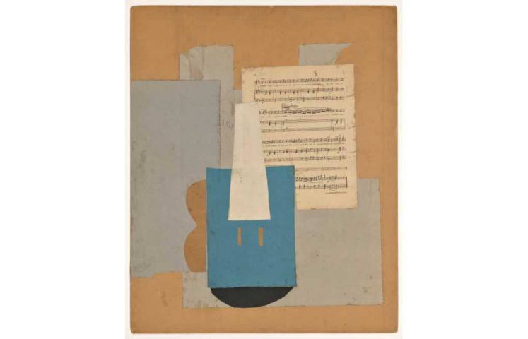 Picasso, Violine und Musikblatt, Herbst 1912, Papiere und Partitur auf Karton geklebt, Gouache, 78 x 65 cm (Paris, Musée Picasso, M.P. 368)