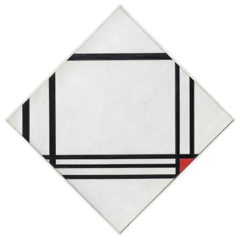 Piet Mondrian, Rautenkomposition mit acht Linien und Rot, 1938, Öl auf Leinwand, Diagonalen 141,5 cm, Seiten 100 × 100 cm (Fondation Beyeler, RiehenBasel, Sammlung Beyeler, B282)