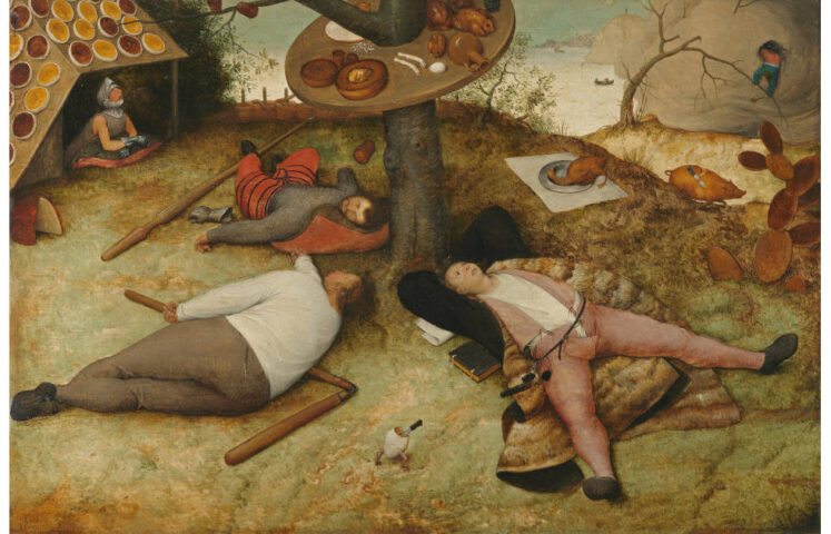 Pieter Bruegel d. Ä., Das Schlaraffenland, 1566, Öl auf Eichenholz, 52 x 78 cm, signiert und datiert unten links: MDLXVI/BRVEGEL (Alte Pinakothek, München, Inv. Ar.8940)