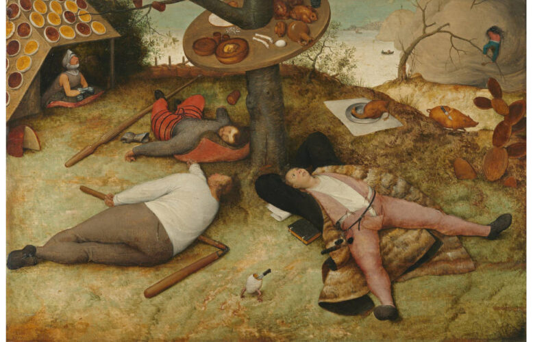 Pieter Bruegel d. Ä., Das Schlaraffenland, 1566, Öl auf Eichenholz, 52 x 78 cm, signiert und datiert unten links: MDLXVI/BRVEGEL (Alte Pinakothek, München, Inv. Ar.8940)