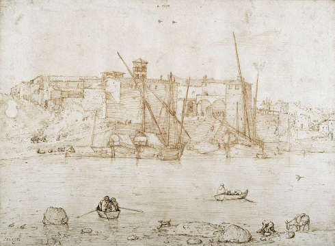 Pieter Bruegel d. Ä., Ripa Grande in Rom, um 1555/56, Feder in Rotbraun und Dunkelbraun, 207 × 283 mm (© Devonshire Collection, Chatsworth, Reproduced by permission of Chatsworth Settlement Trustees)