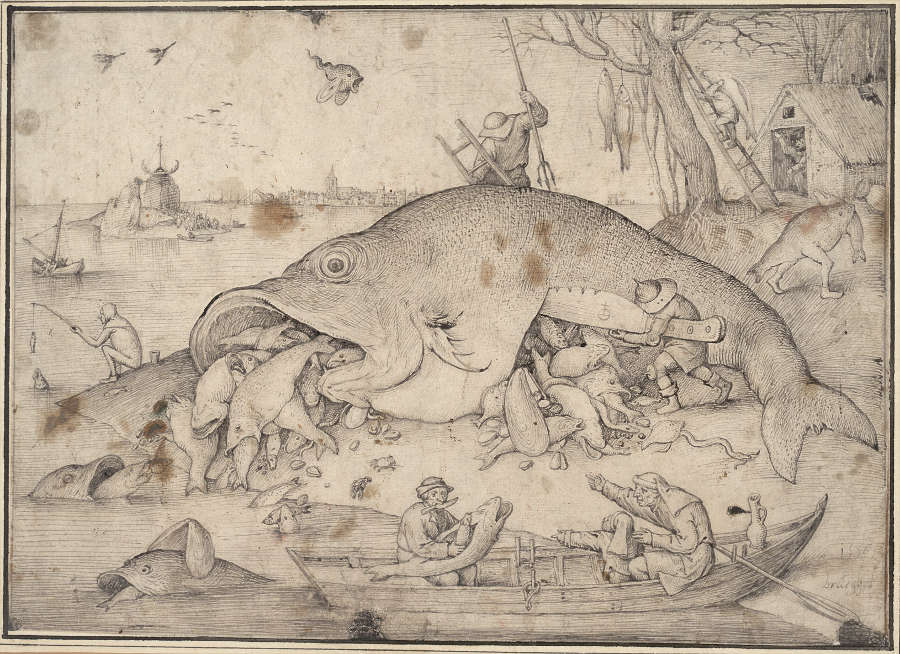 Pieter Bruegel d. Ä., Die großen Fische fressen die kleinen, 1556, Feder und Pinsel in Grau und Schwarz (© Albertina, Wien, Inv. 7875)