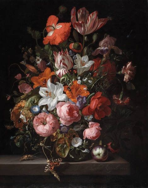 Rachel Ruysch, Blumen in einer Glasvase, 1704, Öl auf Leinwand, 83.8 × 67 cm (Detroit Institute of Art, Inv.-Nr. 1995.67)
