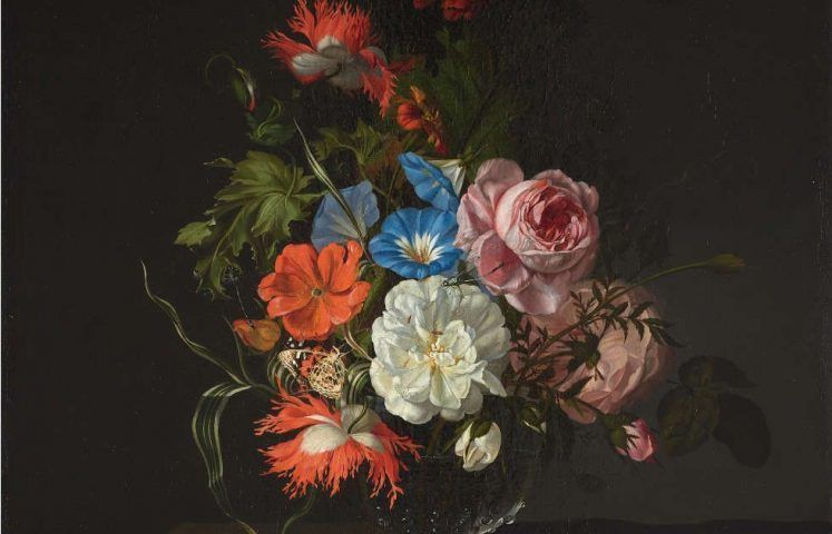 Rachel Ruysch, Blumen in einer Glasvase, Detail, 1686, Öl/Leinwand, 57,4 x 46 cm (Kunsthalle Bremen – Der Kunstverein in Bremen)