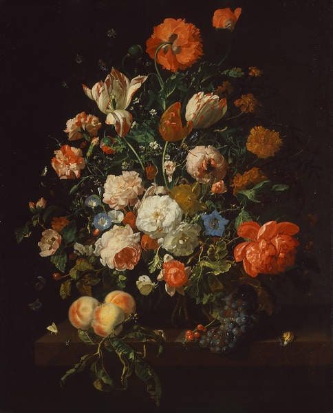 Rachel Ruysch, Blumenstrauß, 1706 datiert, Öl-Leinwand, 100 × 81 cm (Kunsthistorisches Museum, Wien)