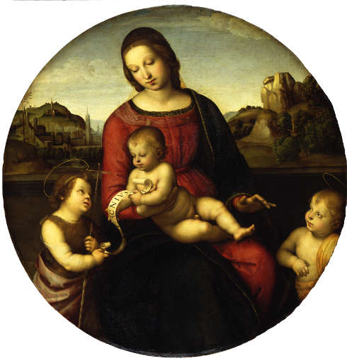 Raffael, Maria mit dem Kind, Johannes dem Täufer und einem Heiligen Knaben (Madonna Terranuova), um 1505, Öl auf Pappelholz, D: 88,7 cm (© Staatliche Museen zu Berlin, Gemäldegalerie / Jörg P. Anders)