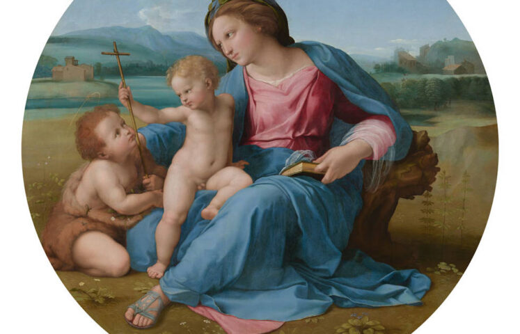 Raffael, Madonna mit Kind mit hl Johannes dem Täufer in einer Landschaft (The Alba Madonna), um 1509–1511, Öl auf Leinwand (transferiert von Holz) (National Gallery of Art, Washington, D.C., Andrew W. Mellon Collection (1937.1.24). Courtesy National Gallery of Art, Washington)