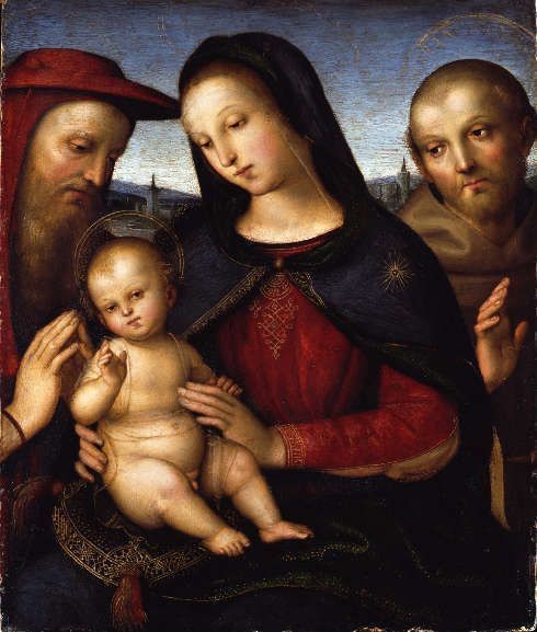 Raffael, Maria mit dem segnenden Kind und den Heiligen Hieronymus und Franziskus, um 1502, Öl auf Pappelholz, 35,3 x 29,8 cm (© Staatliche Museen zu Berlin, Gemäldegalerie / Jörg P. Anders)