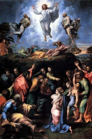 Raffael, Transfiguration, 1516-1520, Öltempera auf Kirschbaumholz, 405 × 278 cm (Vatikanische Museen)