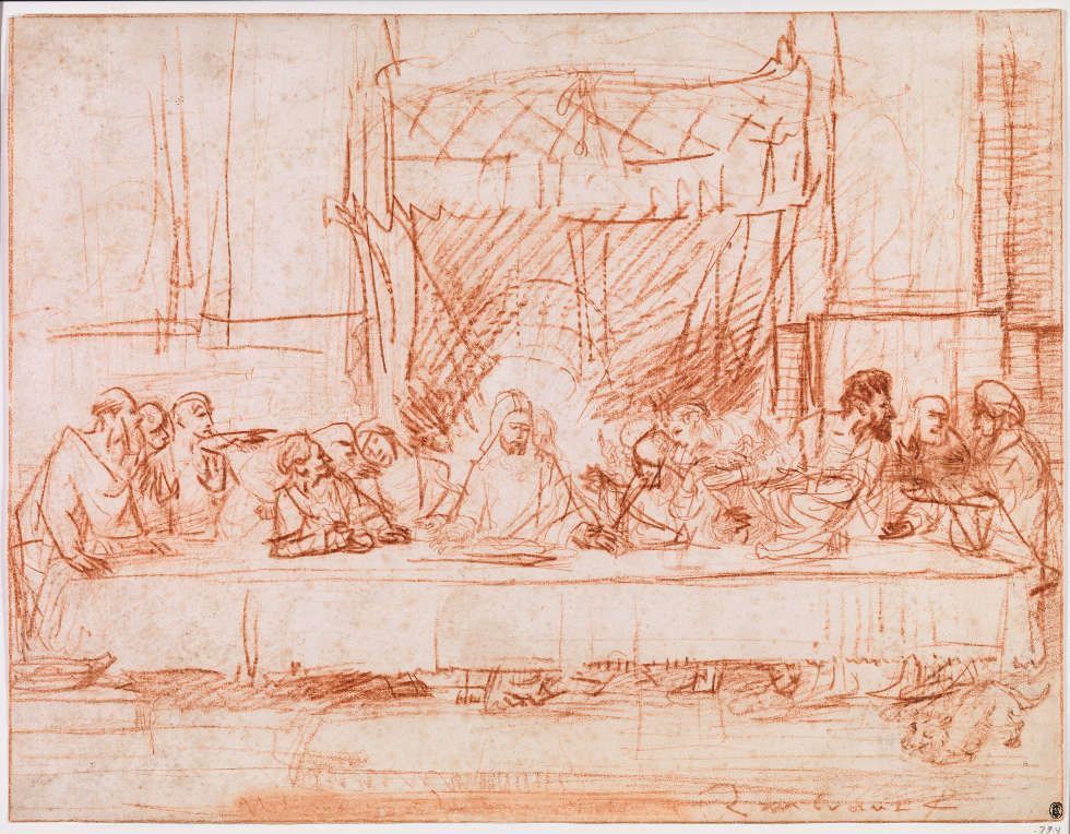 Rembrandt, Das Letzte Abendmahl (nach Leonardo), um 1633–1635, Rötel, 36,2 x 47,5 cm (The Metropolitan Museum of Art, (Robert Lehman Collection), New York)