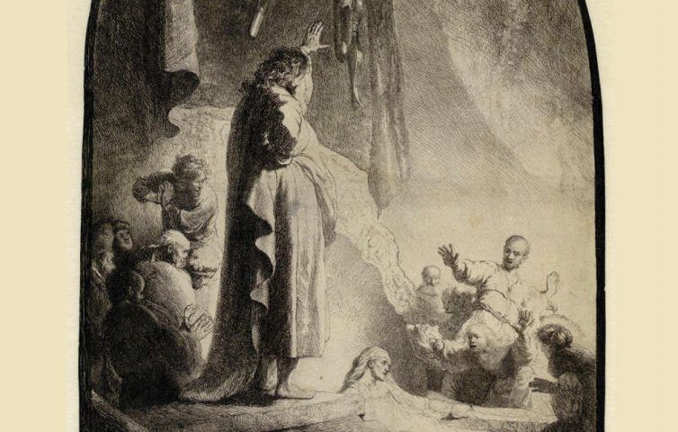 Rembrandt, Die Auferweckung des Lazarus (große Platte), Zustand V (10), Detail, um 1632, Radierung, Grabstichel, 36,6 x 25,8 cm (Albertina, Inv.-Nr. DG1926/140), Foto: © Albertina, Wien