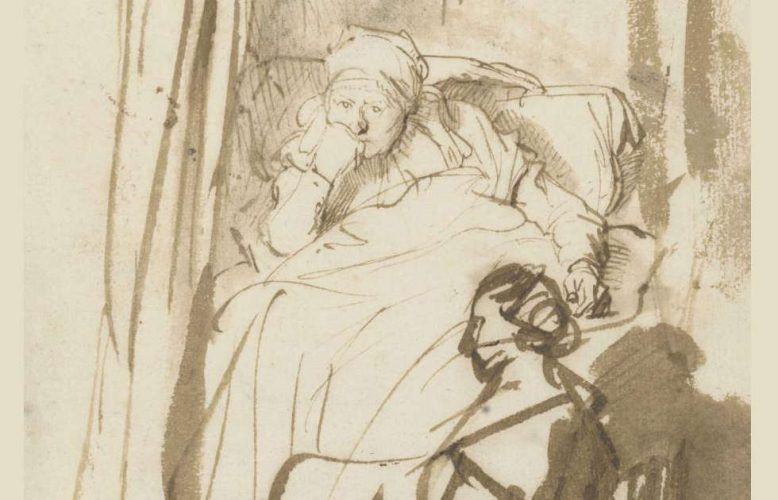 Rembrandt, Frau im Bett (Saskia?) mit einer Amme, Detail, um 1638, Feder und Pinsel in Braun, braun laviert, 22,7 x 16,4 cm (© Staatliche Graphische Sammlung München)