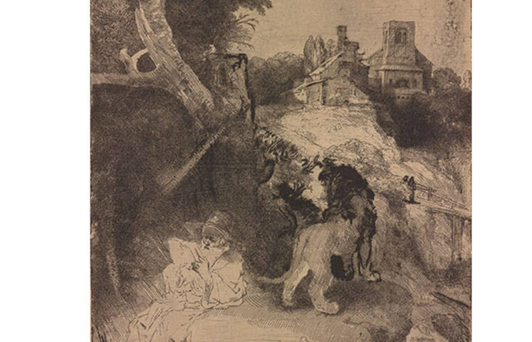 Rembrandt van Rijn, Hl. Hieronymus lesend in einer italienischen Landschaft, Detail, um 1653, Kupferstich und Kaltnadel, auf Japanpapier, 25,9 x 21 cm (erworben von der J. Pierpont Morgan 1905, The Morgan Library & Museum (RvR 165)