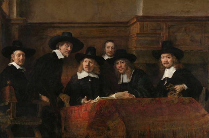 Rembrandt, Die Staalmeesters [Die Vorsteher der Amsterdamer Tuchmacherzunft], 1662, Öl auf Leinwand, 191.5 x 279 cm (Rijksmuseum, on loan from the City of Amsterdam © Rijksmuseum, Amsterdam, SK-C-6)