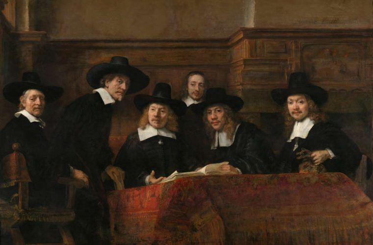 Rembrandt, Die Staalmeesters [Die Vorsteher der Amsterdamer Tuchmacherzunft], 1662, Öl auf Leinwand, 191.5 x 279 cm (Rijksmuseum, on loan from the City of Amsterdam © Rijksmuseum, Amsterdam, SK-C-6)