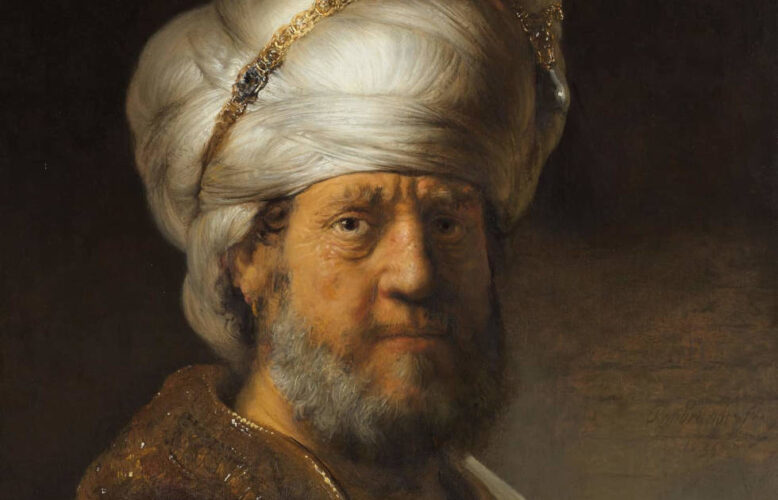 Dieses Gemälde von Rembrandt zeigt einen Mann mit Turban. hierbei handelt es sich um ein Detail des Bildes aus dem Jahr 1635, das dem Rijksmuseum, Amsterdam gehört. Der Turban ist weiß und wird mit einem goldenen Band zusammengehalten. Der bärtige Mann blickt direkt aus dem Bild und wird von links angelezuchtet. Der Huntergrund ist Dunkelbraun.