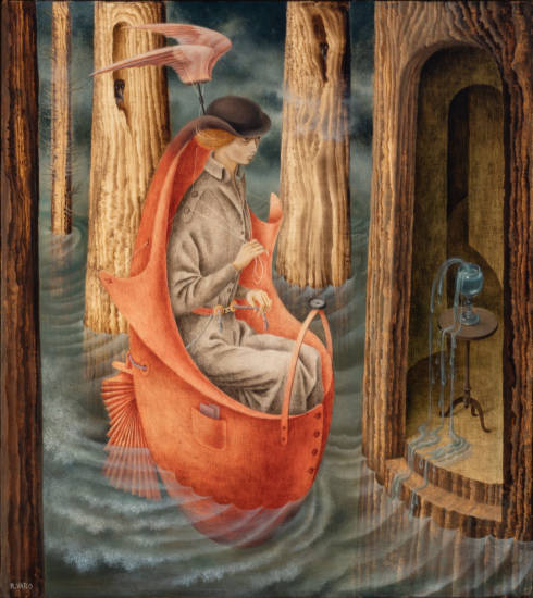 Remedios Varo, Die Erforschung der Quellen des Orinoco, 1959, Öl auf Hartfaserplatte, 45,7 x 40 cm (Privatsammlung)