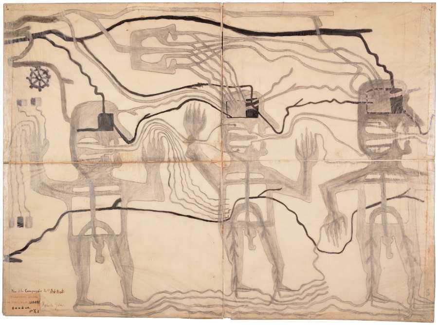 Robert Gie, Drei Personen, durchströmt von Ausdünstungen, um 1916, Grafitstift und Tusche auf Transparentpapier (Foto: Arnaud Conne, AN, Collection de l'Art Brut, Lausanne)