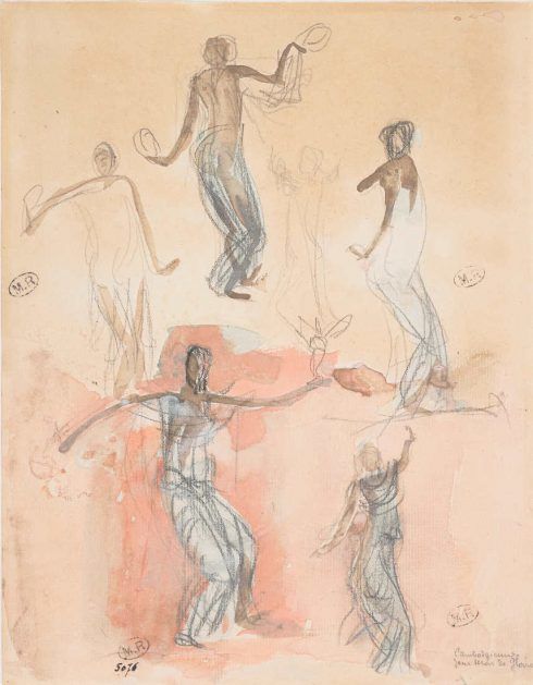 Auguste Rodin, Sechs Studien von Tänzerinnen aus Kambodscha, Juli 1906, Graphitstift, Aquarell, Fettstift, Gouache, 27,1 x 21,2 cm (Musée Rodin, Paris Foto: Jean de Calan)