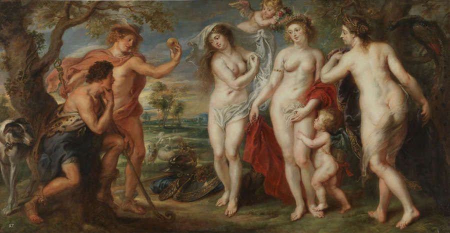 Peter Paul Rubens, Das Parisurteil, 1638, Öl/Lw, 199 x 381 cm (©Museo Nacional del Prado), Rubens über anonymen italienischen Künstler nach Tizian, 32,4 x 41 cm (© National Gallery of Art, Washington)