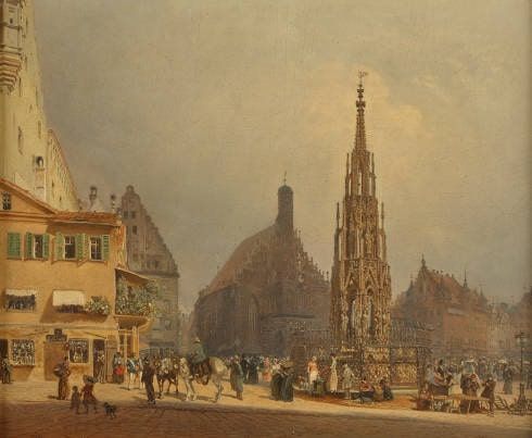 Rudolf von Alt, Der schöne Brunnen vor der Frauenkirche in Nürnberg, 1854 (Belvedere, Wien, Foto Johannes Stoll)