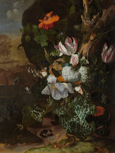 Ruysch, Rachel, Blumen und Tiere, um 1685-87, Öl auf Leinwand, 71,5 x 56,5 cm (Gemäldegalerie Alte Meister, Dresden, Inv.-Nr. Gal.-Nr. 1694)