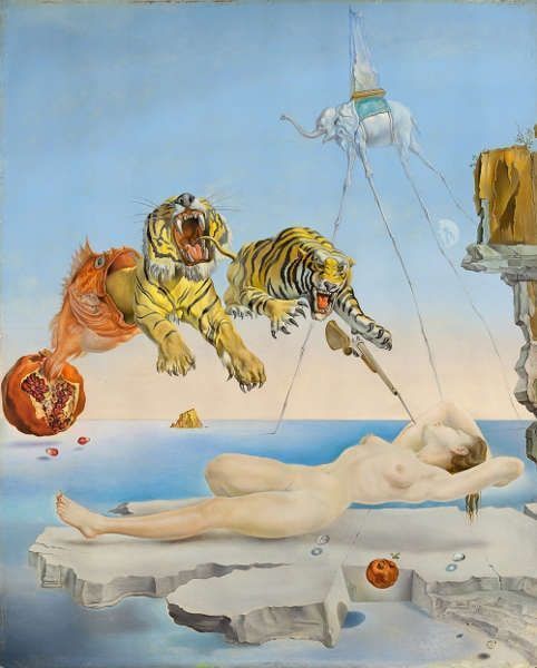 Salvador Dalí, Traum verursacht durch den Flug einer Biene um einen Granatapfel vor dem Erwachen, 1944 (Museo Nacional Thyssen-Bornemisza, Madrid© Fundació Gala-Salvador Dalí, Figueres/ VG Bild-Kunst, Bonn 2020)