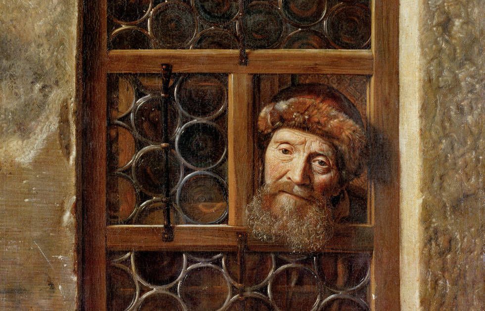 Samuel van Hoogstraten, Alter Mann im Fenster, Detail, 1653 datiert, Öl auf Leinwand, 111 × 86,5 cm (Rahmenmaße Tiefe inkl. Hängung 6,5 cm: 118,5 × 94,8 × 5,5 cm) (Kunsthistorisches Museum Wien, Gemäldegalerie)