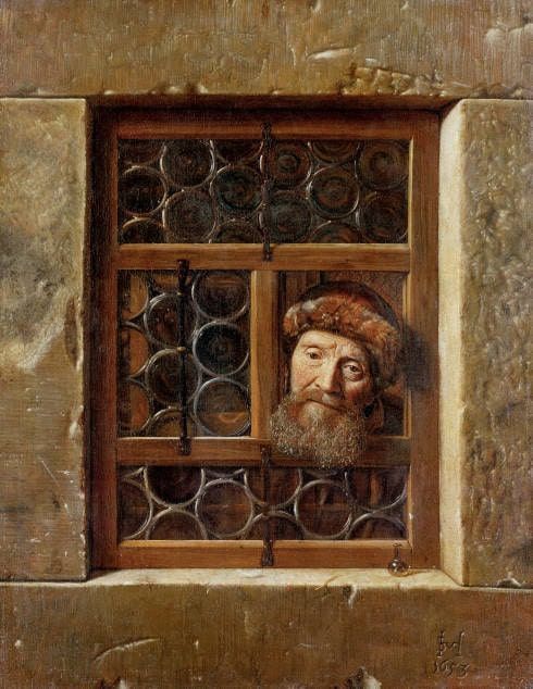 Samuel van Hoogstraten, Alter Mann im Fenster, 1653 datiert, Öl auf Leinwand, 111 × 86,5 cm (Rahmenmaße Tiefe inkl. Hängung 6,5 cm: 118,5 × 94,8 × 5,5 cm) (Kunsthistorisches Museum Wien, Gemäldegalerie)