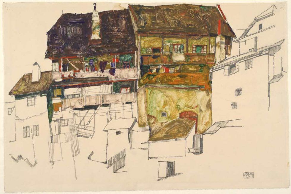 Egon Schiele, Alte Häuser in Krumau, 1914, Bleistift und Deckfarben auf Japanpapier (Albertina, Wien)