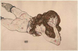 Egon Schiele, Auf dem Bauch liegender weiblicher Akt, 1917, Schwarze Kreide, Deckfarben auf Japanpapier (Albertina, Wien)