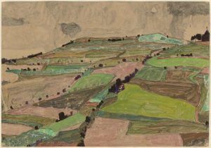 Egon Schiele, Felderlandschaft (Kreuzberg bei Krumau), 1910, Schwarze Kreide, Aquarell, Deckfarben auf braunem Packpapier (Albertina, Wien)