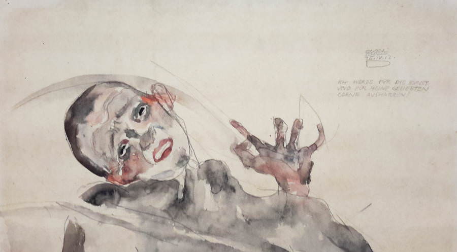 Egon Schiele, Ich werde für die Kunst und meine Geliebten gerne ausharren, Detail, 25. April 1912, Bleistift und Aquarell auf Strathmore-Japanpapier, 31,8 x 48,2 cm (Albetina)