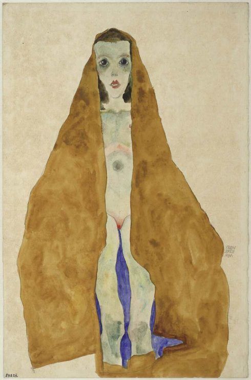 Egon Schiele, Junger Mädchenakt im ockerfarbigen Tuch, 1911, Bleistift, Aquarell auf Japanpapier, grundiert (Albertina, Wien)