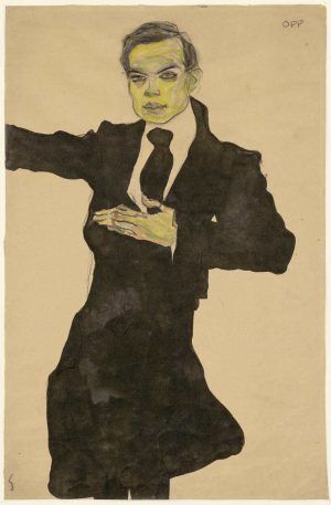 Egon Schiele, Der Maler Max Oppenheimer, 1910, Schwarze Kreide, Tusche, Aquarell auf braunem Packpapier (Albertina, Wien)