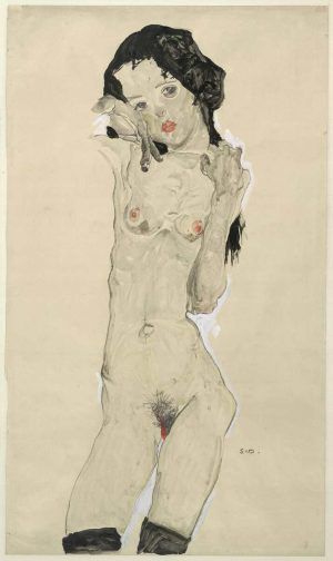 Egon Schiele, Schwarzhaariger Mädchenakt, 1910, Bleistift, Pinsel, Aquarell mit proteinhaltigen Bindemitteln, Deckweiß, auf Packpapier (Albertina, Wien)