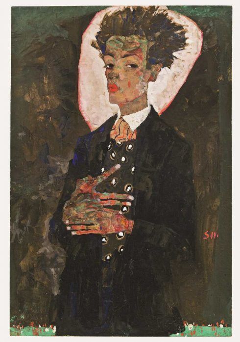 Egon Schiele, Selbstporträt mit Pfauenweste, 1911, Gouache, Tempera, Aquarell und blaue Kreide auf Papier, auf Karton aufgezogen (© Sammlung Ernst Ploil)