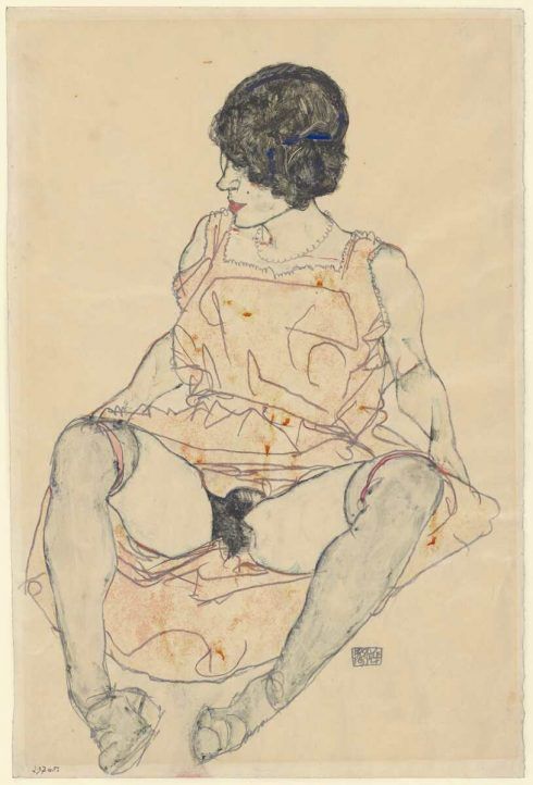 Egon Schiele, Sitzende Frau mit hochgeschobenem Kleid, 1914, Bleistift, Aquarell, Deckfarben mit proteinhaltigen Bindemitteln, auf Japanpapier (Albertina, Wien)