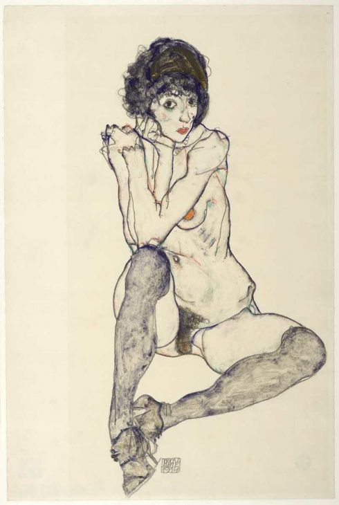 Egon Schiele, Sitzender weiblicher Akt mit aufgestützten Ellbogen, 1914, Bleistift, Deckfarben, auf Japanpapier (Albertina, Wien)