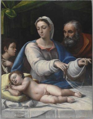 Sebastiano del Piombo, Hl Familie mit hl Johannes Baptist (La Madonna del Velo), um 1525, Öl auf Pappel, 120.5 × 92.5 cm (Archbishopric of Olomouc - Archdiocesan Museum Olomouc (1076) © Archdiocesan Museum Olomouc/ photo Markéta Ondrusková)