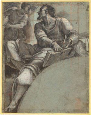 Sebastiano del Piombo, Studie für den Propheten Ezechiel, um 1517, schwarze Kreide, graue und braune Lavierung und weiße Gouache über vier Stylusbögen am unteren Rand rechts, quadriert mit roter Kreide auf blauem Papier, 32 × 25 cm (National Gallery of Art, Washington, DC, Gift of Robert H. and Clarice Smith, 1985 (1985.40.1)