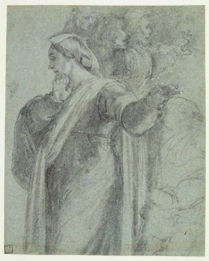 Sebastiano del Piombo, Studie für Martha und andere Figuren, um 1518, schwarzes Material (Kohle?) mit weißer Gouache, Feder und schwarze Tinte über Stylus Eindrücken (at edge of shoulder garment) auf grau-blauem Papier, 28.2 x 22.7 cm (Städel Museum, Frankfurt am Main (399) © Städel Museum - U. Edelmann/ARTOTHEK)
