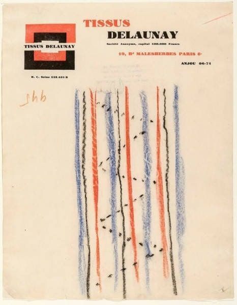 Sonia Delaunay-Terk, Textilentwurfszeichnung, nach 1929, Ölkreide auf Briefpapier der Firma „Tissus Delaunay“, 31 × 25 cm (Slg. Kunstmuseen Krefeld © Pracusa)