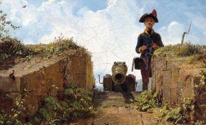 Carl Spitzweg, Der strickende Wachposten, Detail, 1855, Öl auf Leinwand, 21,6 x 39,2 cm (Museum Georg Schäfer, Schweinfurt, Inv. 2286)