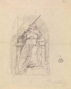 Carl Spitzweg, Justitia mit Waage und Schwert, 1855, Bleistift auf Papier, 21 x 17 cm (Germanisches Nationalmuseum, Nürnberg, Inv. Hz 3409)
