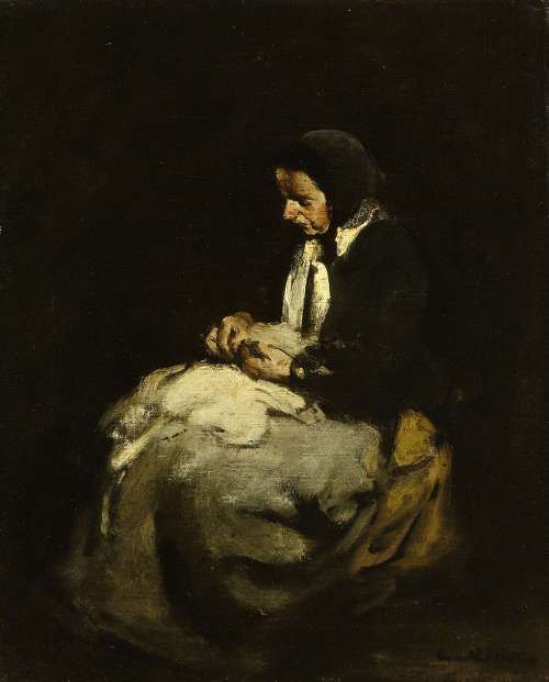 Théodule Ribot, Nähende Frau, nach 1850, Öl auf Leinwand, 46.5 × 38 cm (Rijksmuseum, Amsterdam, Gift of M.C., Baroness van Lynden-van Pallandt, The Hague)