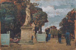 Tina Blau, Aus den Tuilerien – Grauer Tag, 1883, Öl auf Holz, 18 x 27 cm (© Belvedere, Wien)