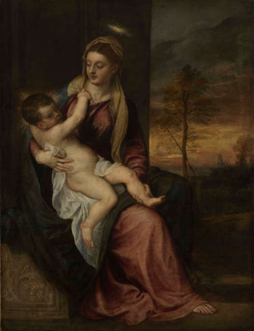 Tizian, Maria mit Kind in einer Abendlandschaft, um 1560, Öl auf Leinwand, 173,5 × 132,7 cm (© Bayerische Staatsgemäldesammlungen, Alte Pinakothek, München)