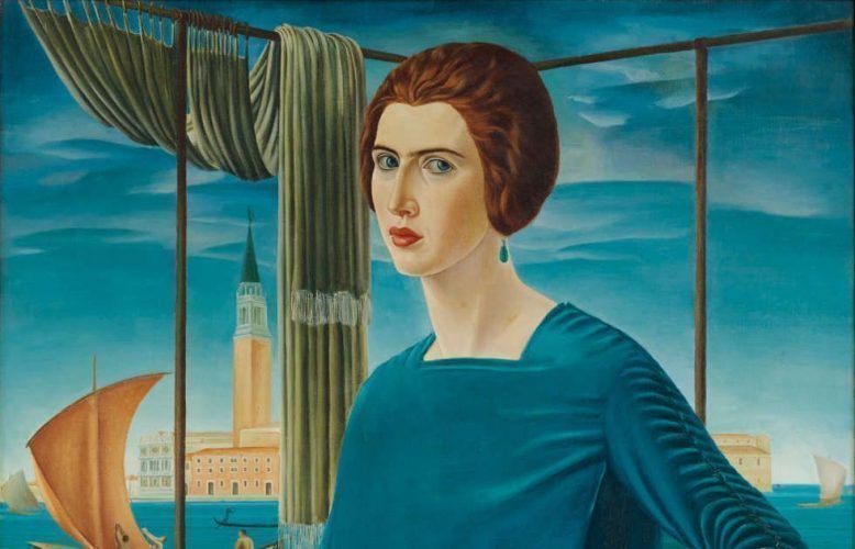 Ubaldo Oppi, Die Frau des Künstlers vor venezianischer Kulisse, Detail, 1921, Öl/Lw (Privatsammlung, Rom, Foto: Carlo Baroni, Rovereto)