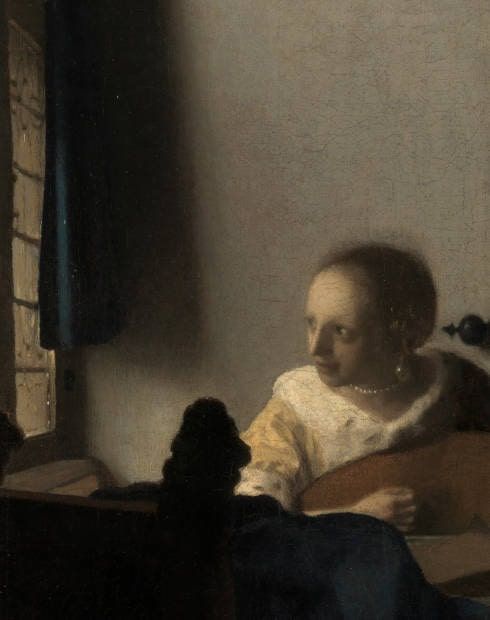 Vermeer, Die Lautenspielerin, Detail, um 1662−1664, Öl auf Leinwand, 51,4 × 45,7 cm (New York, The Metropolitan Museum of Art)